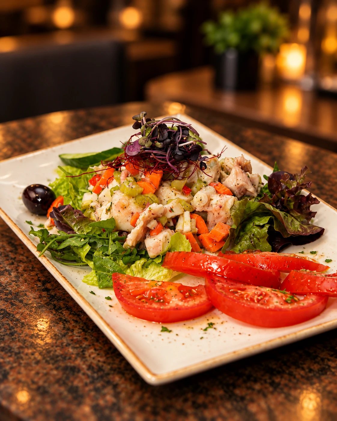 Chtapodi-Salata, Oktopussalat mit Tomaten und Blattsalat