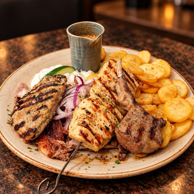 Epidauros-Teller mit Lammkrone, Souvlaki, Gyros und Bratkartoffeln