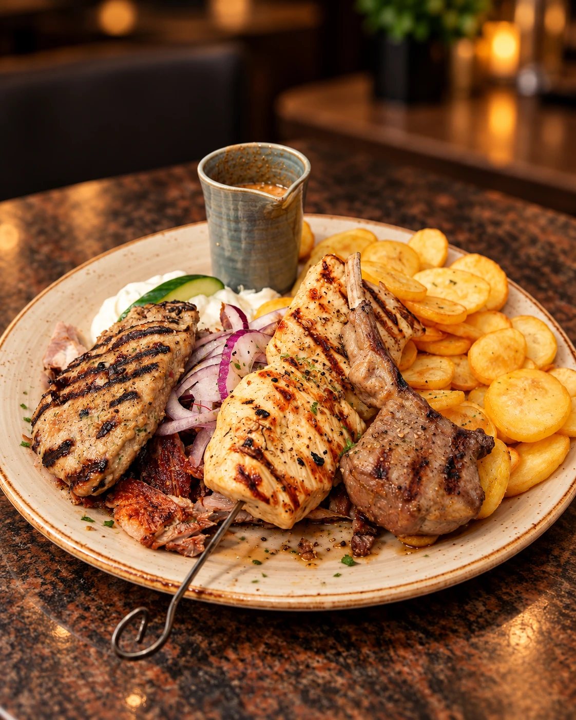 Epidauros-Teller mit Lammkrone, Souvlaki, Gyros und Bratkartoffeln