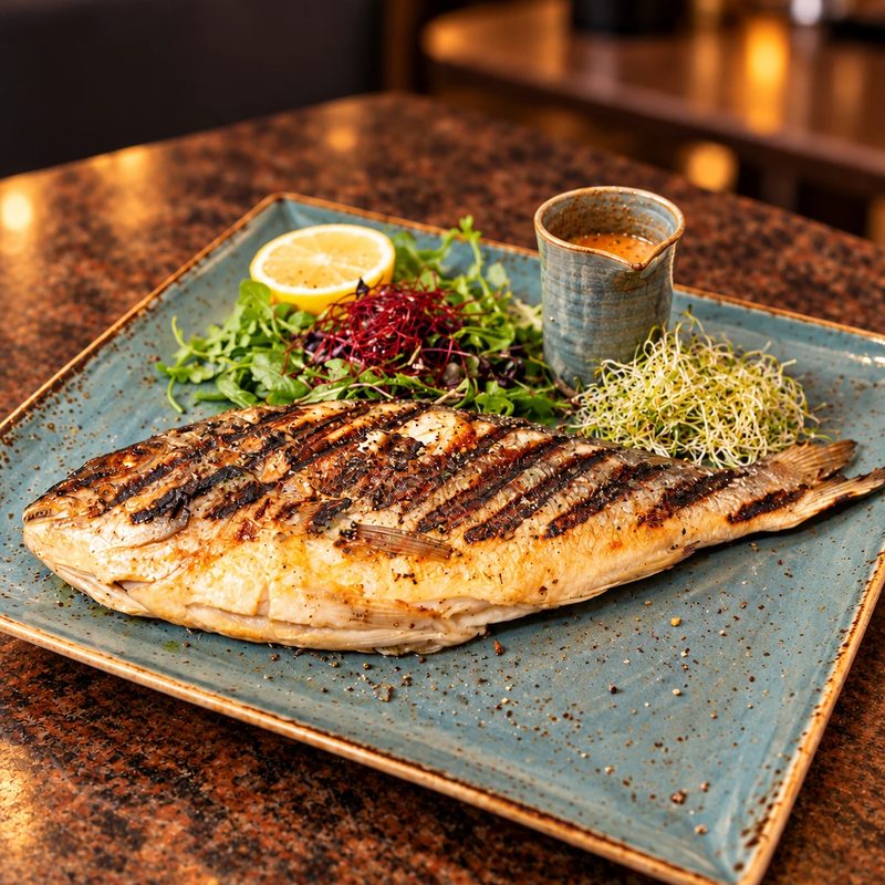 Ganzer Fisch vom Grill mit Zitrone und Salat