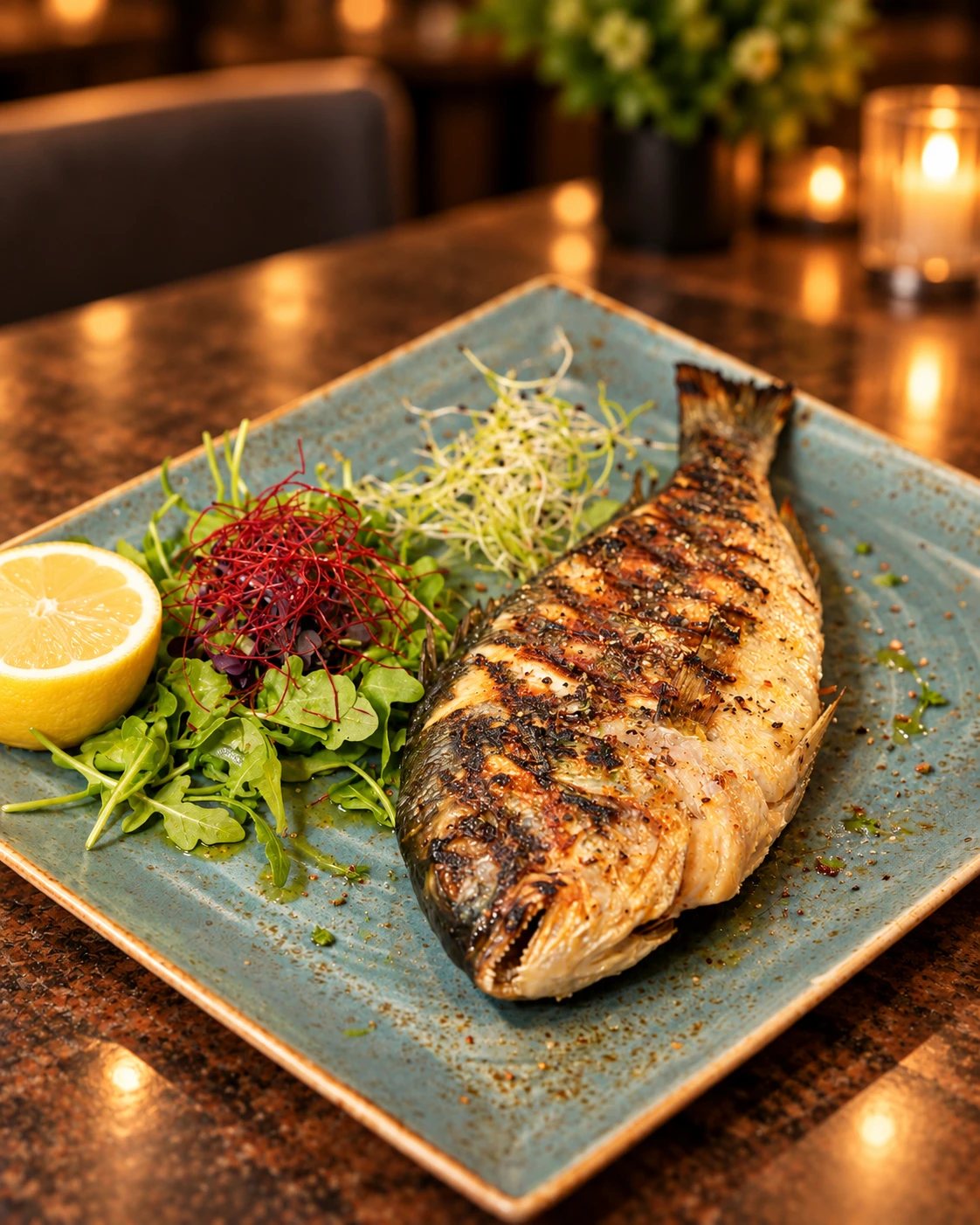 Royal Dorade vom Grill mit Zitrone und Salat