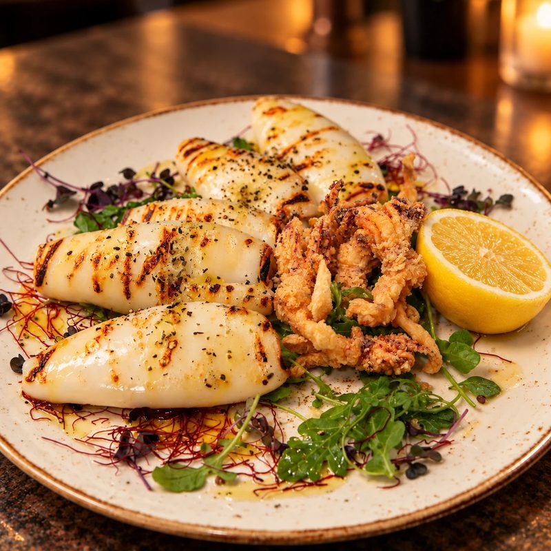Gegrillte und gebackene Wildfangkalamari